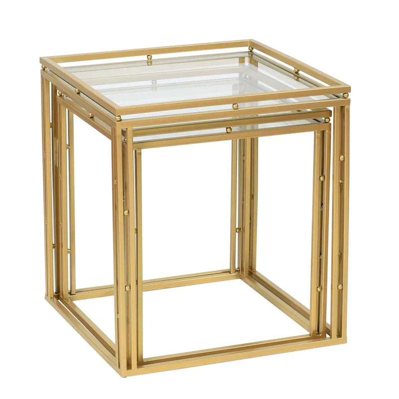 Set of 2 Antique Gold Nested Square Side Tables 3