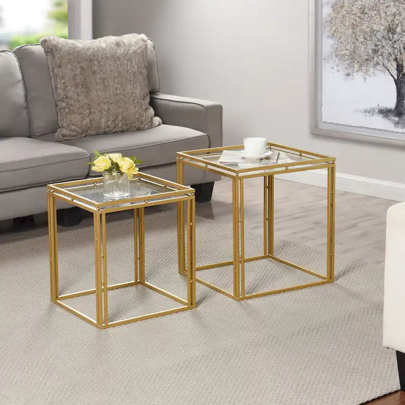 Set of 2 Antique Gold Nested Square Side Tables 7