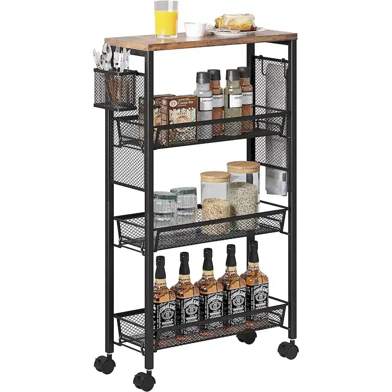 Kleio 4-Tier Wooden Kitchen Cart with Wheels and Baskets - Mobile Utility Storage 8