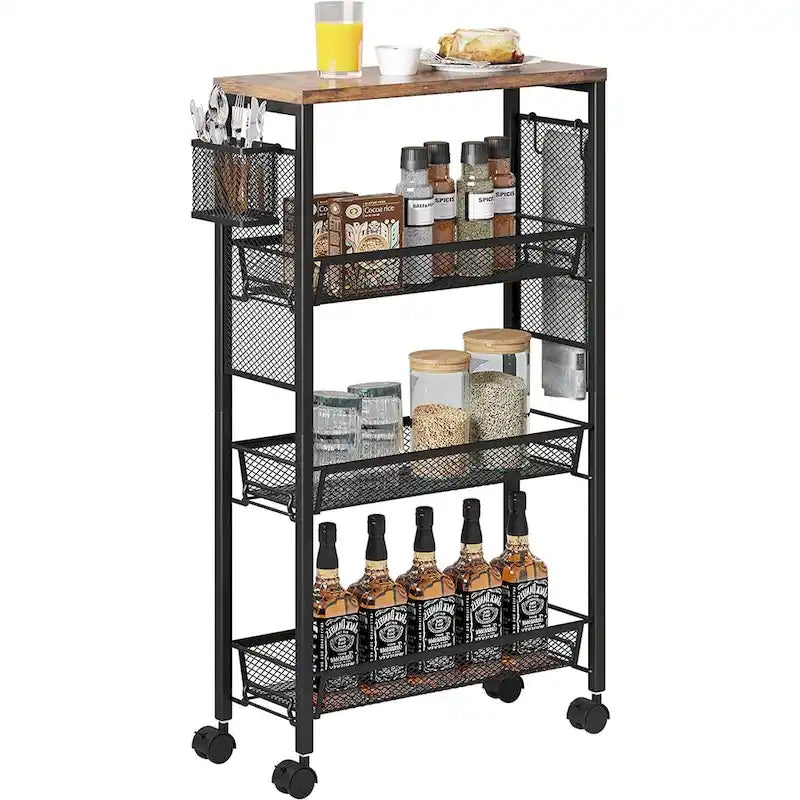 Kleio 4-Tier Wooden Kitchen Cart with Wheels and Baskets - Mobile Utility Storage 1