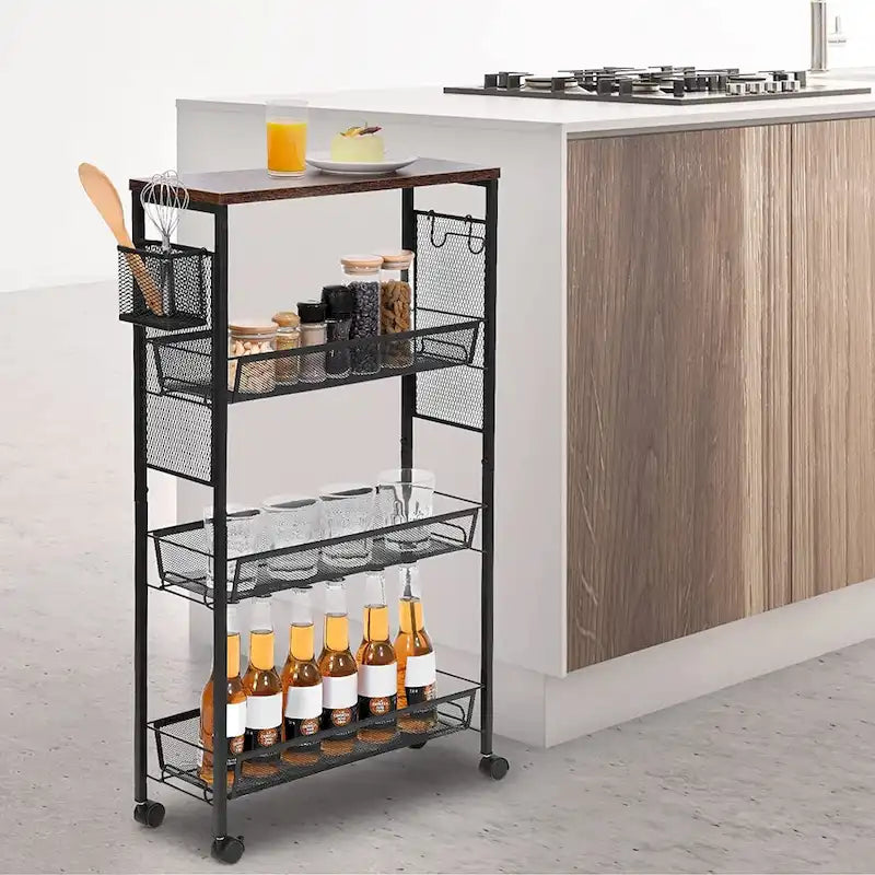 Kleio 4-Tier Wooden Kitchen Cart with Wheels and Baskets - Mobile Utility Storage 2