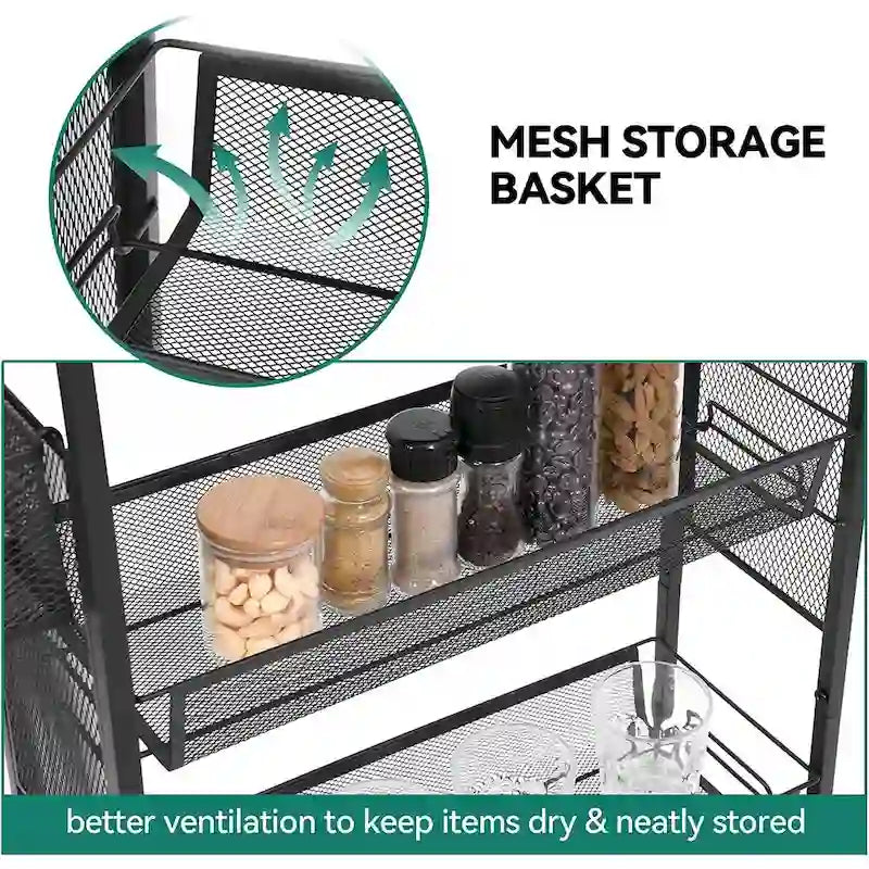 Kleio 4-Tier Wooden Kitchen Cart with Wheels and Baskets - Mobile Utility Storage 4