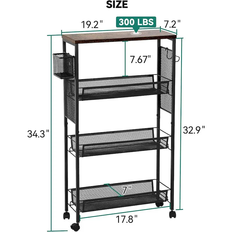 Kleio 4-Tier Wooden Kitchen Cart with Wheels and Baskets - Mobile Utility Storage 7
