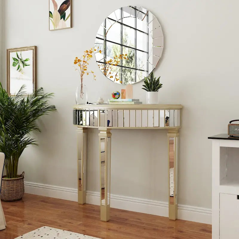 Silver Mirrored Half Moon Console Sofa Table - 35.4 x 31.6 Inches 14