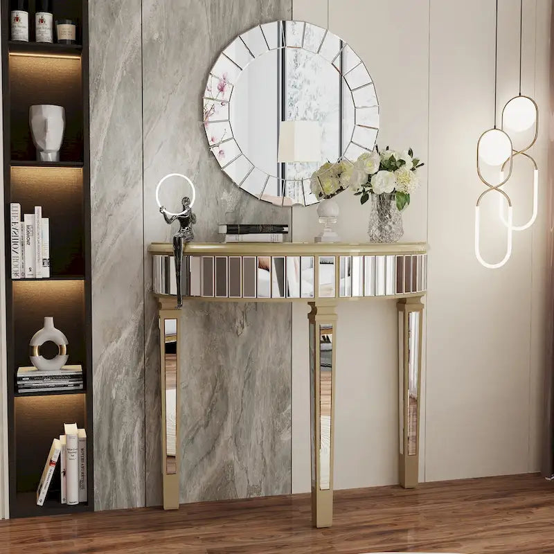 Silver Mirrored Half Moon Console Sofa Table - 35.4 x 31.6 Inches 1