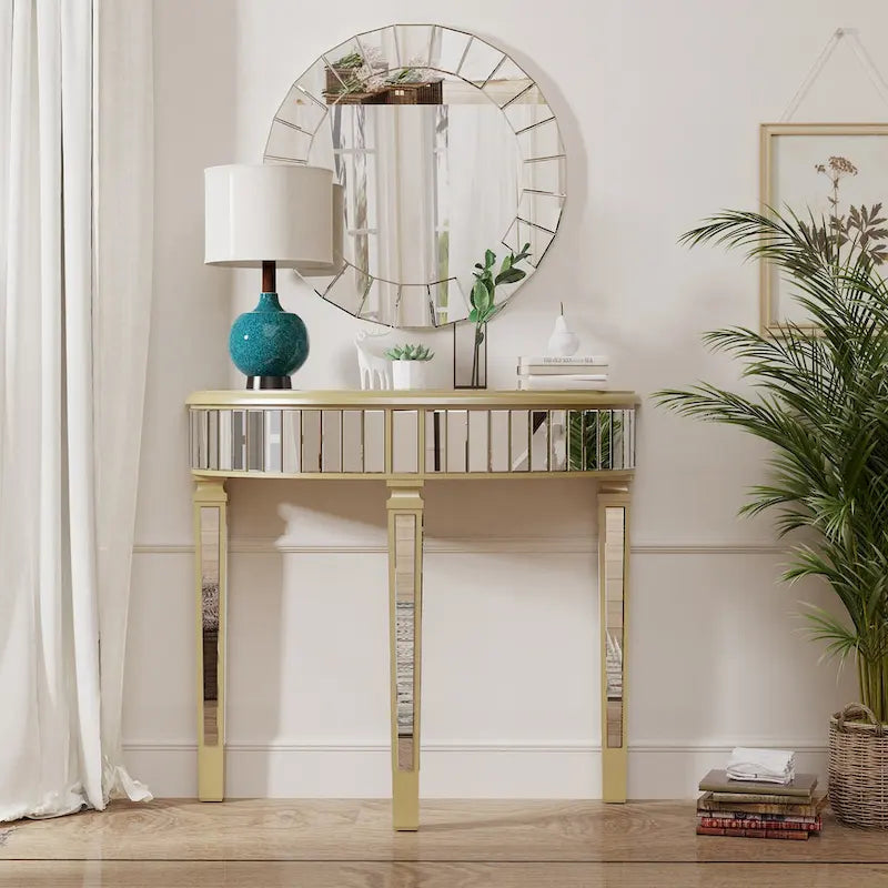 Silver Mirrored Half Moon Console Sofa Table - 35.4 x 31.6 Inches 2