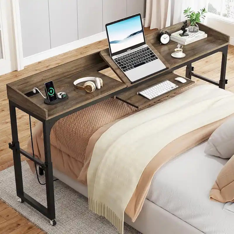 Mobile Height Adjustable Overbed Table with Wheels, Featuring Outlets and USB Ports for Laptops 1