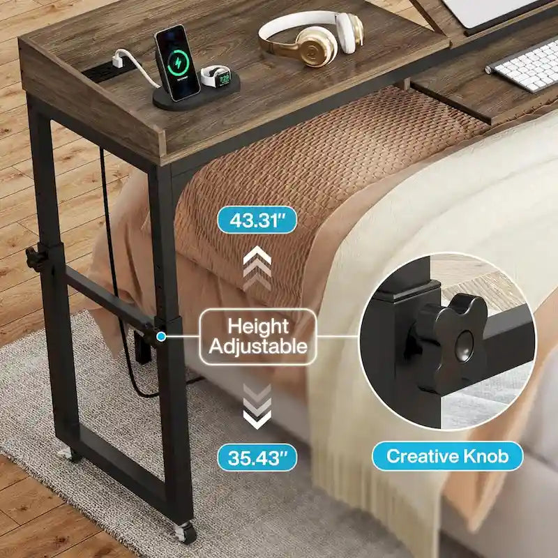 Mobile Height Adjustable Overbed Table with Wheels, Featuring Outlets and USB Ports for Laptops 3