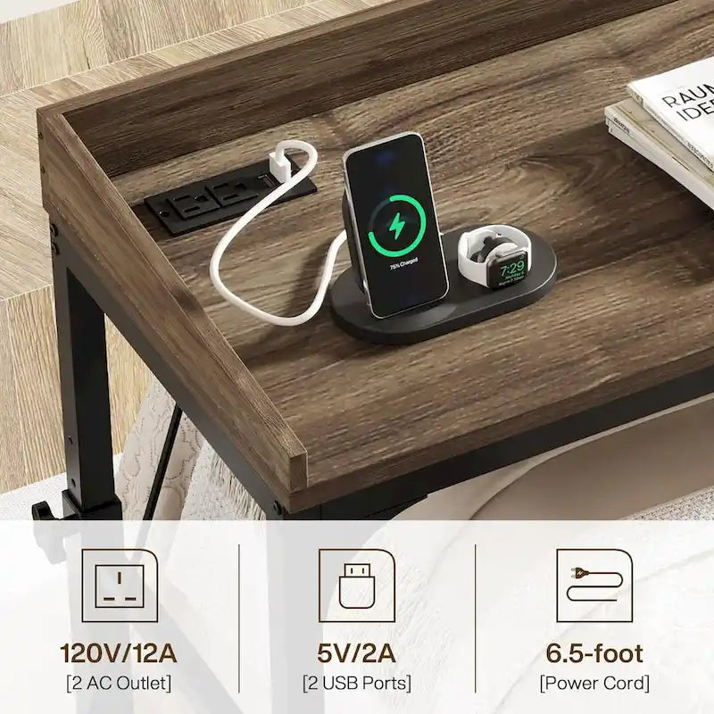 Mobile Height Adjustable Overbed Table with Wheels, Featuring Outlets and USB Ports for Laptops 4