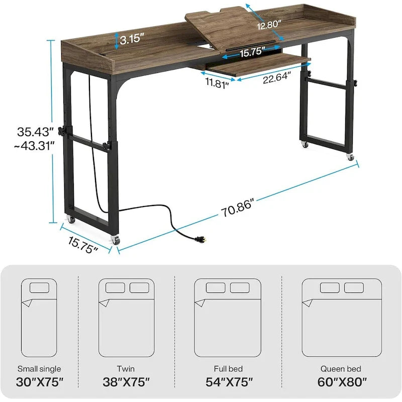 Mobile Height Adjustable Overbed Table with Wheels, Featuring Outlets and USB Ports for Laptops 7