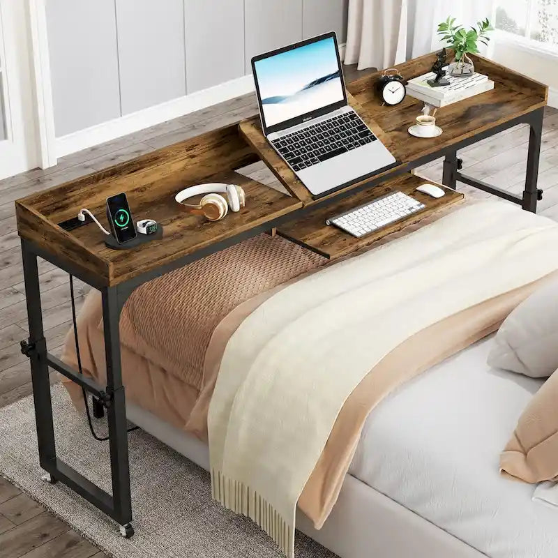 Mobile Height Adjustable Overbed Table with Wheels, Featuring Outlets and USB Ports for Laptops 8
