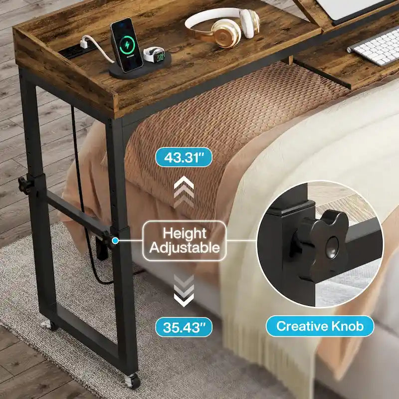 Mobile Height Adjustable Overbed Table with Wheels, Featuring Outlets and USB Ports for Laptops 10