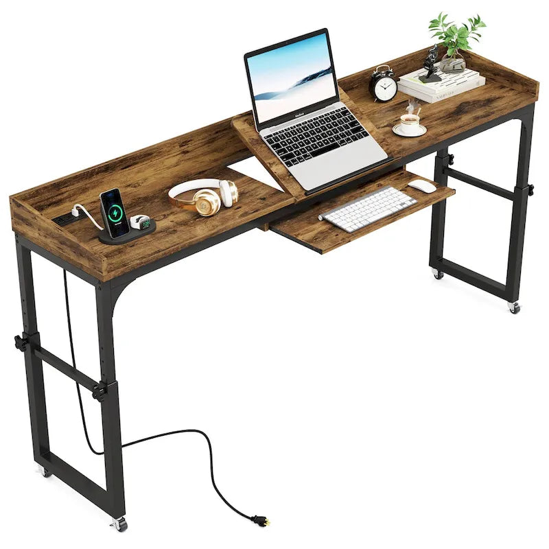 Mobile Height Adjustable Overbed Table with Wheels, Featuring Outlets and USB Ports for Laptops 12
