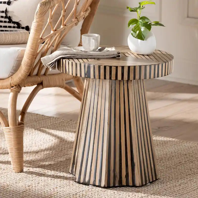 Devika Contemporary Bohemian Two-Tone Bamboo End Table in Natural and Dark Brown 1