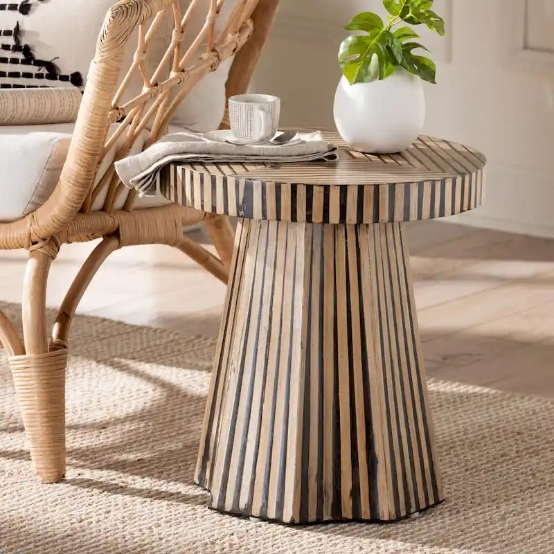 Devika Contemporary Bohemian Two-Tone Bamboo End Table in Natural and Dark Brown 6