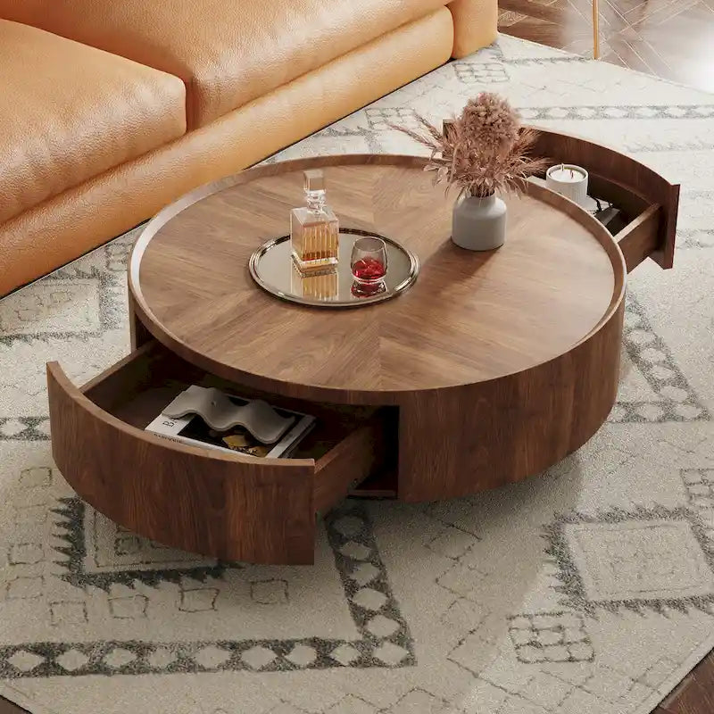 Compact Mid-Century Modern Round Walnut Coffee Table for Small Spaces and Apartments 4