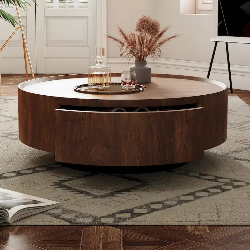 Compact Mid-Century Modern Round Walnut Coffee Table for Small Spaces and Apartments 5