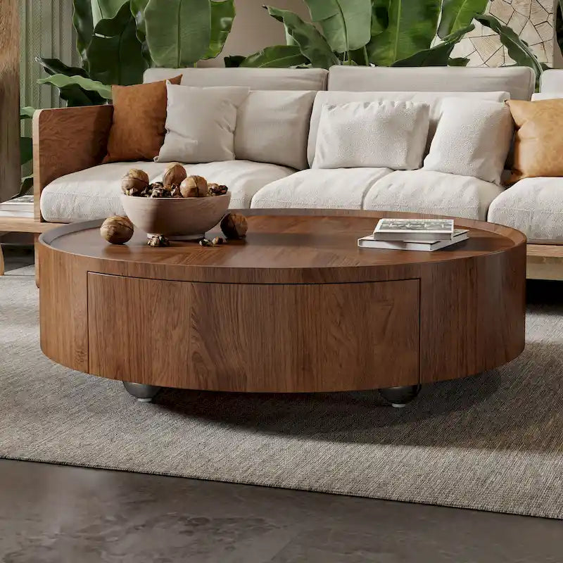 Compact Mid-Century Modern Round Walnut Coffee Table for Small Spaces and Apartments 10