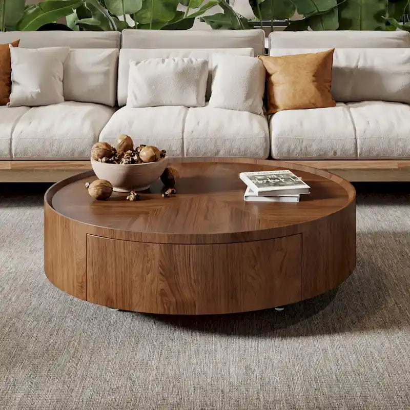 Compact Mid-Century Modern Round Walnut Coffee Table for Small Spaces and Apartments 12