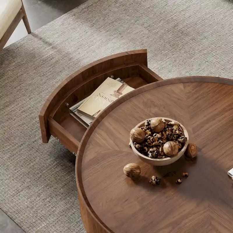 Compact Mid-Century Modern Round Walnut Coffee Table for Small Spaces and Apartments 15