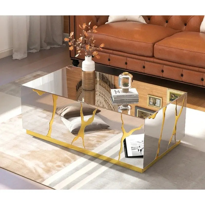 Rectangular Mirrored Coffee Table with Golden Crackle Finish 11