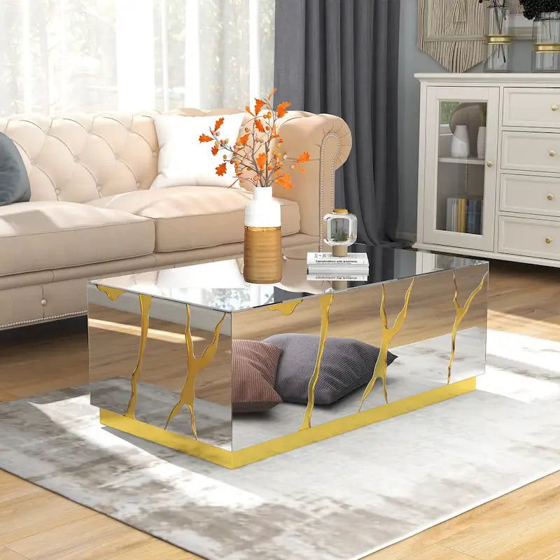 Rectangular Mirrored Coffee Table with Golden Crackle Finish 2