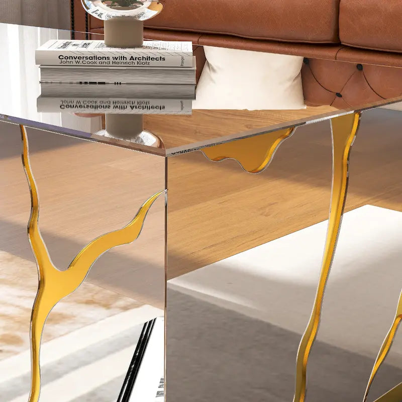 Rectangular Mirrored Coffee Table with Golden Crackle Finish 4
