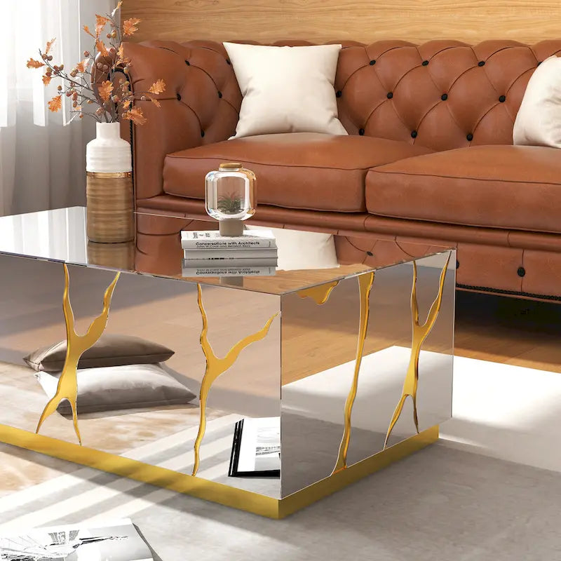Rectangular Mirrored Coffee Table with Golden Crackle Finish 5