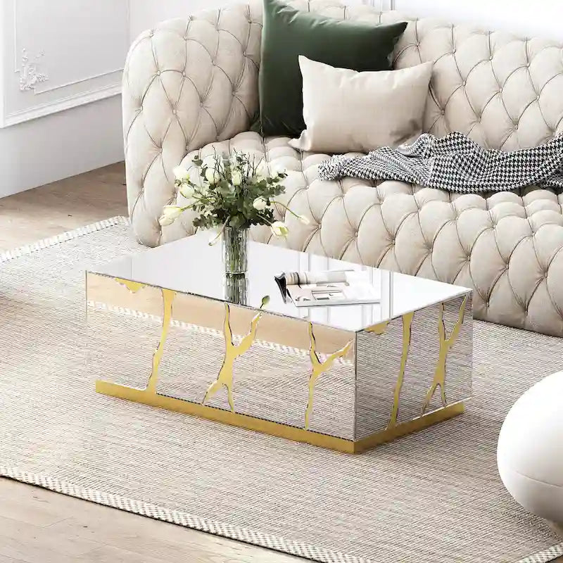 Rectangular Mirrored Coffee Table with Golden Crackle Finish 6