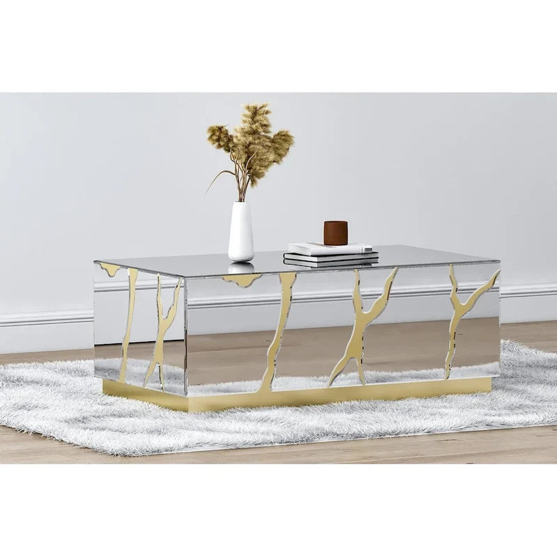 Rectangular Mirrored Coffee Table with Golden Crackle Finish 7