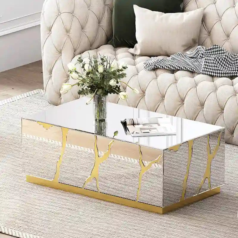 Rectangular Mirrored Coffee Table with Golden Crackle Finish 8
