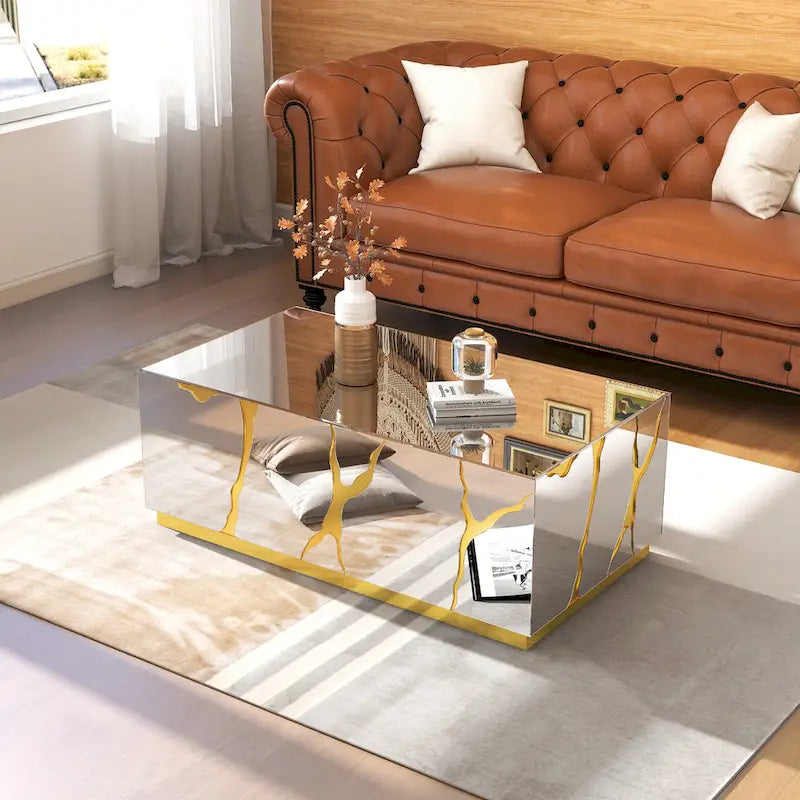 Rectangular Mirrored Coffee Table with Golden Crackle Finish 9