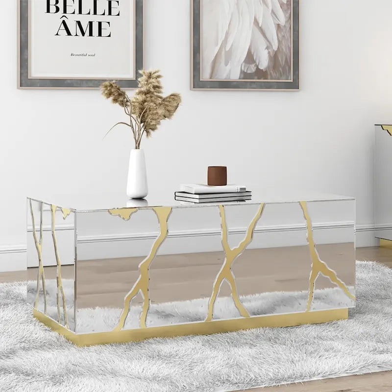 Rectangular Mirrored Coffee Table with Golden Crackle Finish 10