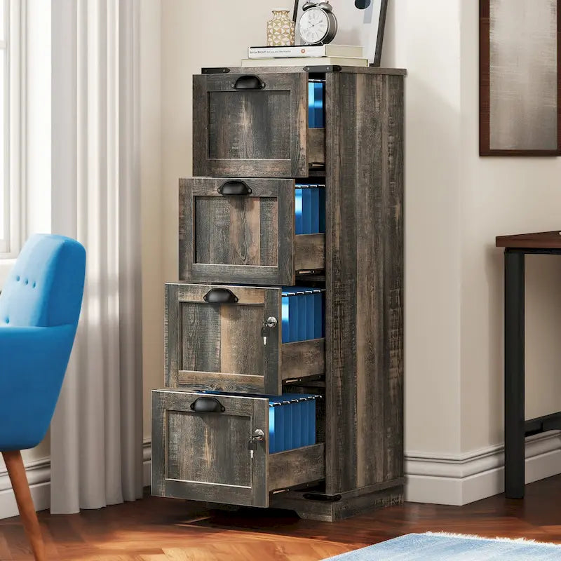 Moasis Rustic Wood Vertical File Cabinet with 4 Drawers and Locking Storage 1
