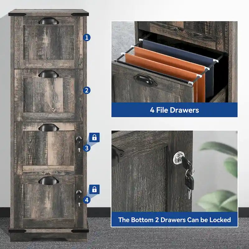 Moasis Rustic Wood Vertical File Cabinet with 4 Drawers and Locking Storage 2