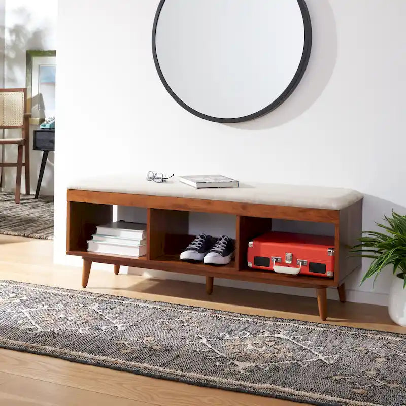 SAFAVIEH Margarita Mid-Century Modern Open Shelf Storage Bench with Cushion - 48" W x 14" D x 18" H 1