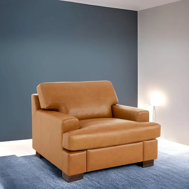 Luxurious Genuine Leather Accent Chair with Goose Feather Cushion, Square Arm Design, and Sturdy Block Legs 10