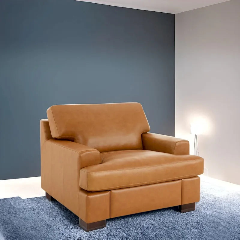 Luxurious Genuine Leather Accent Chair with Goose Feather Cushion, Square Arm Design, and Sturdy Block Legs 1