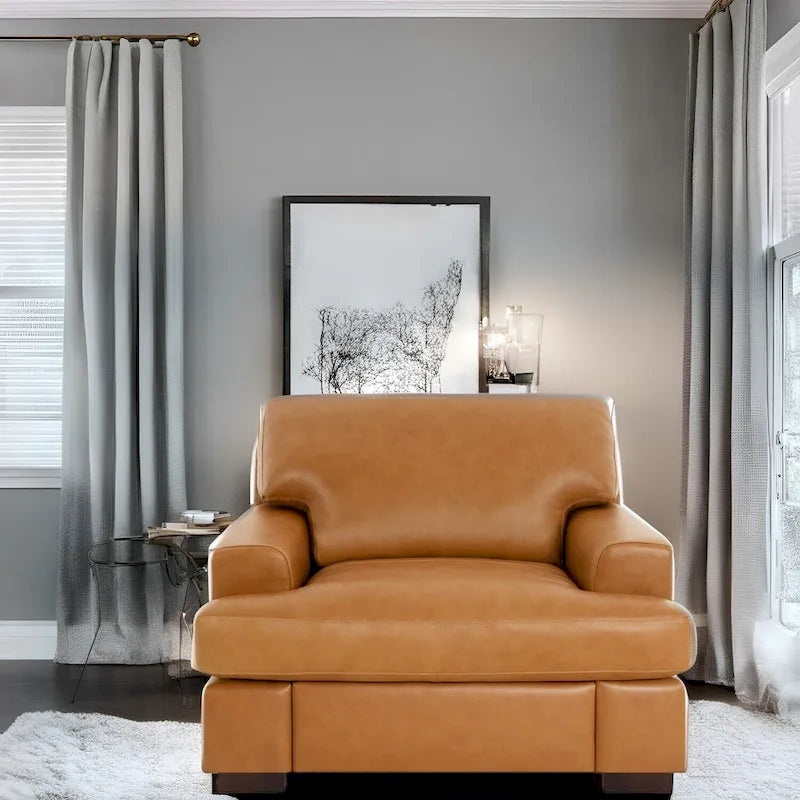 Luxurious Genuine Leather Accent Chair with Goose Feather Cushion, Square Arm Design, and Sturdy Block Legs 2
