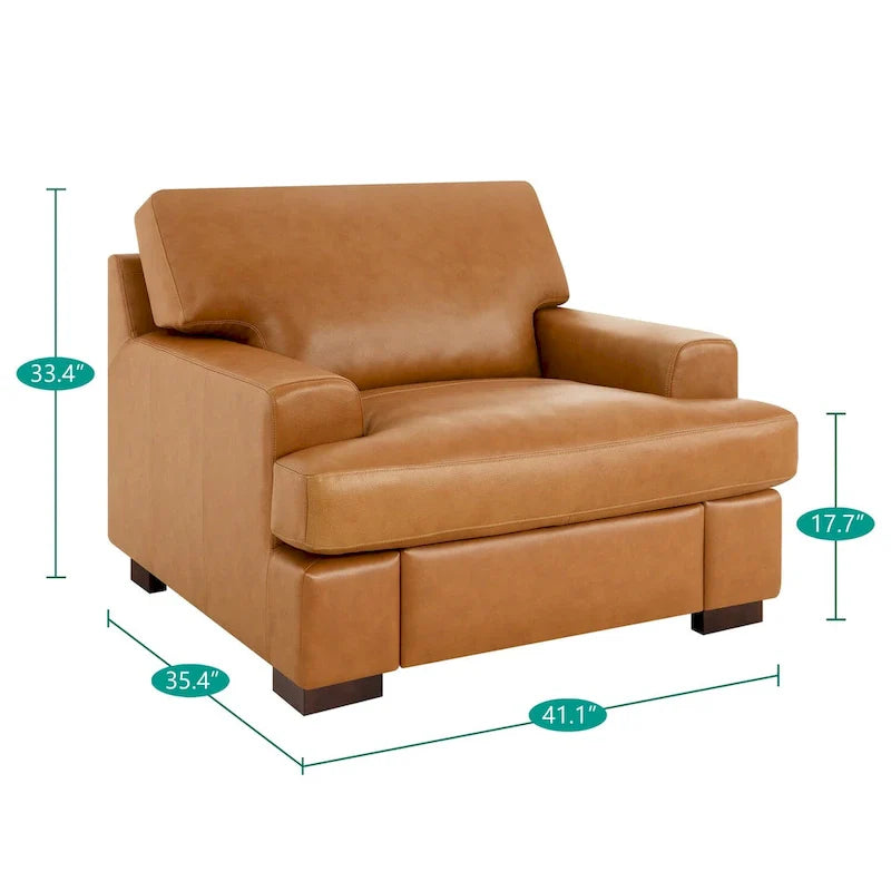 Luxurious Genuine Leather Accent Chair with Goose Feather Cushion, Square Arm Design, and Sturdy Block Legs 3