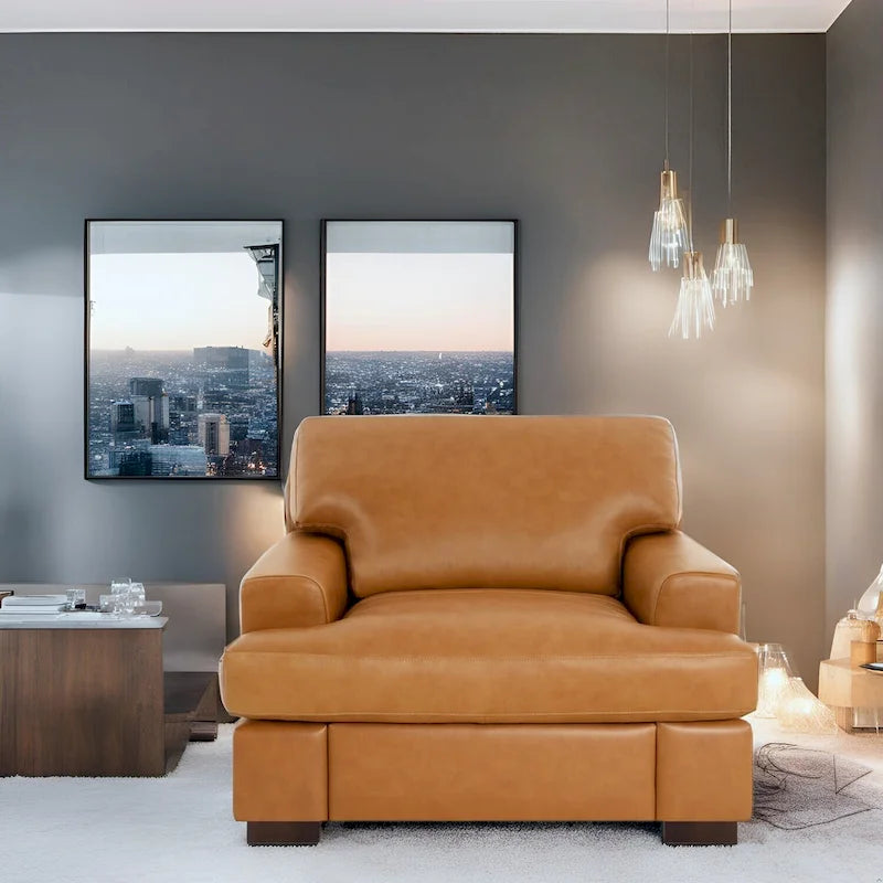 Luxurious Genuine Leather Accent Chair with Goose Feather Cushion, Square Arm Design, and Sturdy Block Legs 4