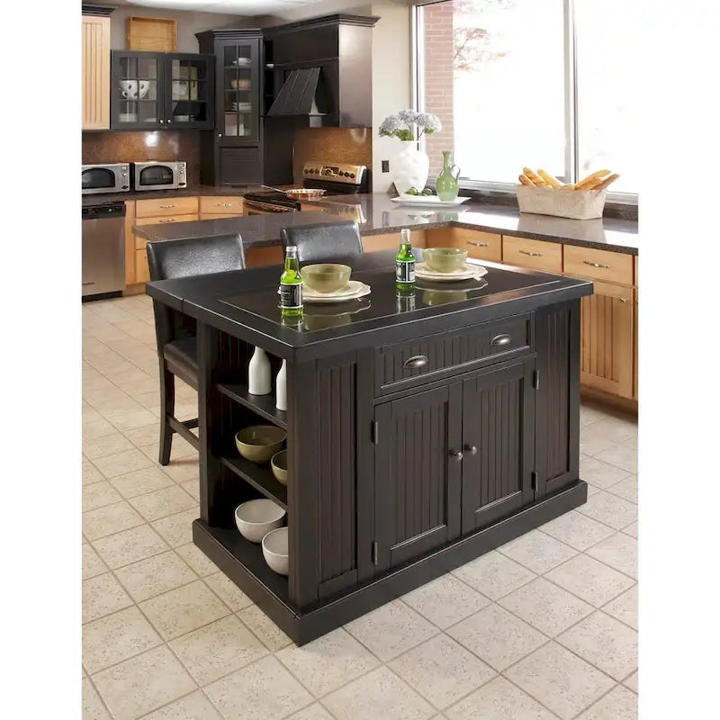Nantucket Black Wood Kitchen Island with Granite Inlay 8