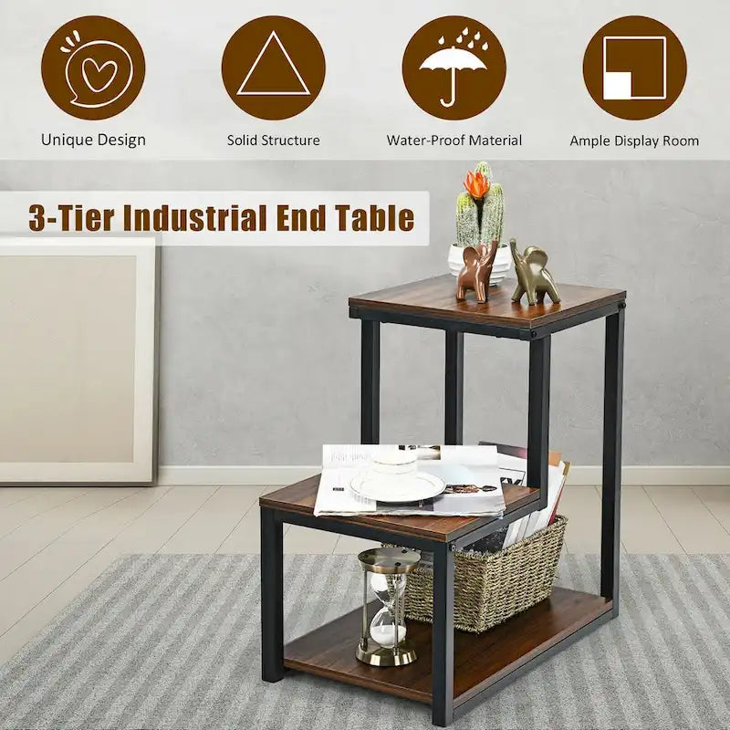 Costway 3-Tier Side Table with Storage Shelf - Versatile Nightstand 4