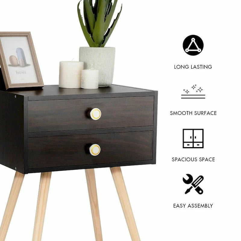 Brown Mid-Century Modern Nightstand with 2 Drawers 1
