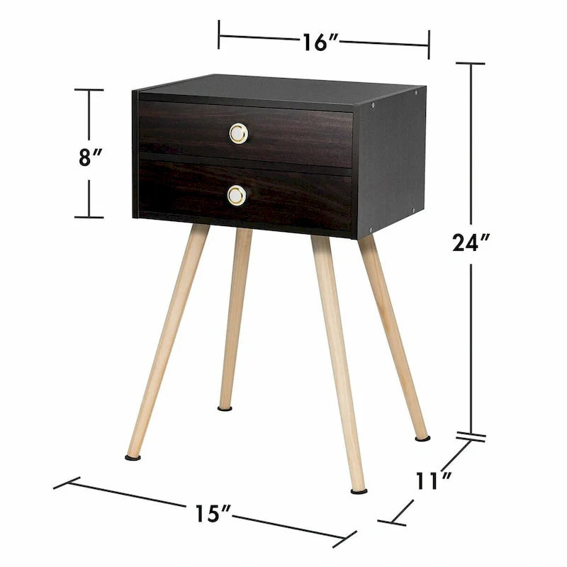 Brown Mid-Century Modern Nightstand with 2 Drawers 2