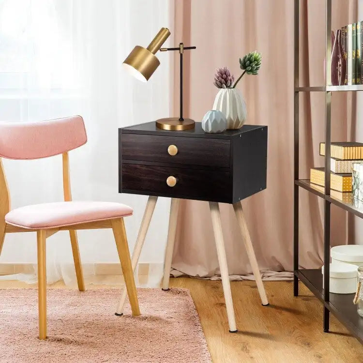 Brown Mid-Century Modern Nightstand with 2 Drawers 3