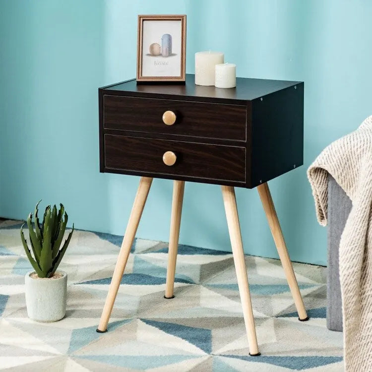 Brown Mid-Century Modern Nightstand with 2 Drawers 4