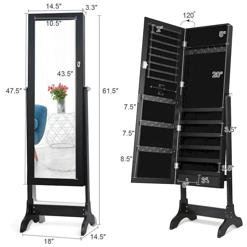 Elegant Mirrored Jewelry Cabinet with Drawers and Hooks - Dimensions: 18 x 14.5 x 61.5 inches 1
