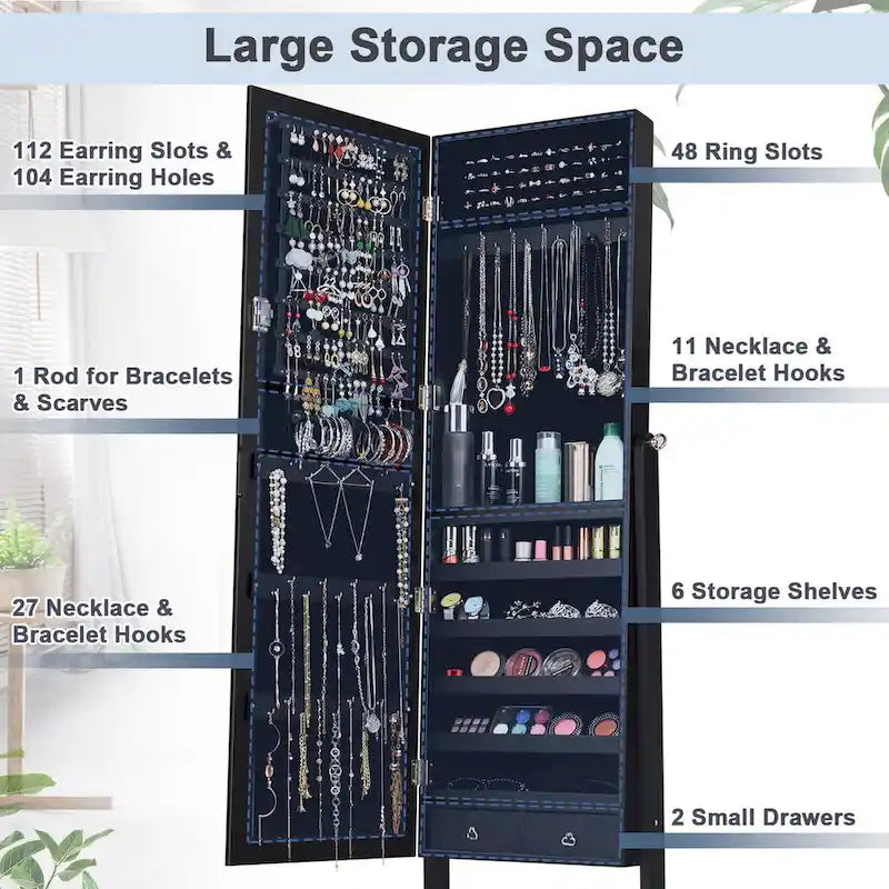 Elegant Mirrored Jewelry Cabinet with Drawers and Hooks - Dimensions: 18 x 14.5 x 61.5 inches 2