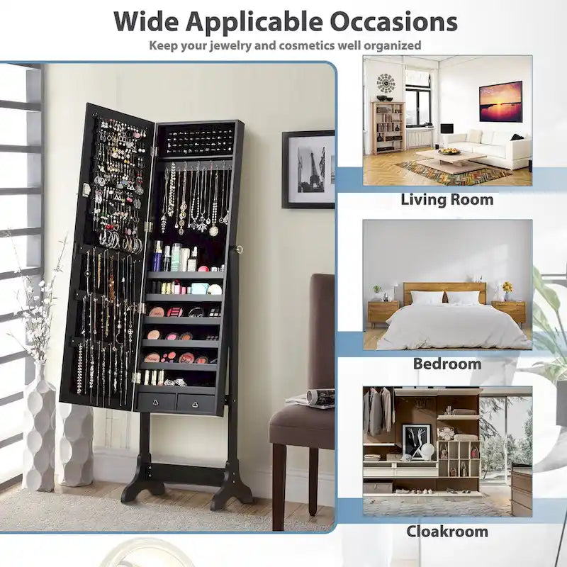 Elegant Mirrored Jewelry Cabinet with Drawers and Hooks - Dimensions: 18 x 14.5 x 61.5 inches 3